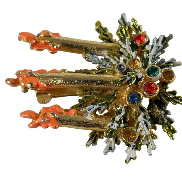 Triple Christmas Candle Brooch Lapel Pin Multicolor Rhinestones w/Greenery - Picture 6 of 12